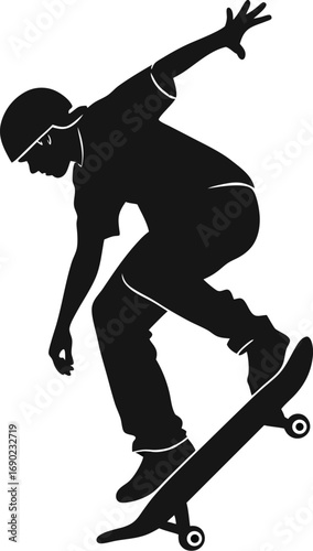 Black Silhouette Skateboarding Athlete Vector Art