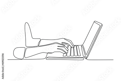 Continuous line drawing of hands typing on laptop symbolizing work technology business digital communication and online lifestyle illustration