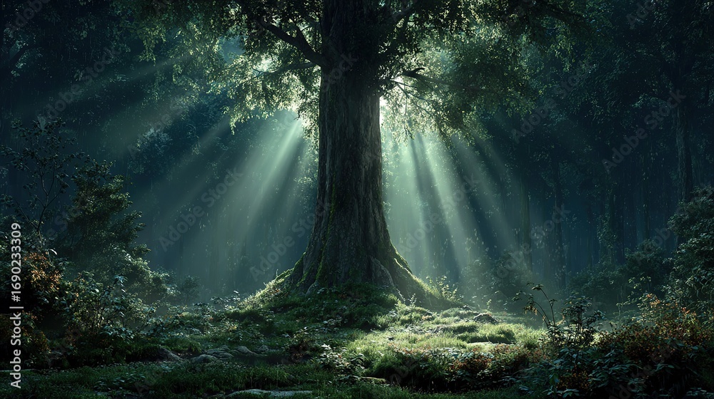 Obraz premium a tall tree stands in the middle of a dark forest, with light rays shining upon it. 