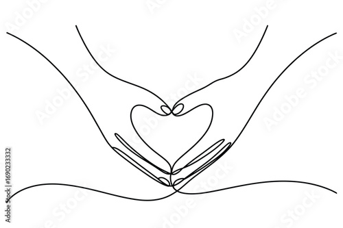 Continuous line drawing of hands forming heart shape symbolizing love care affection unity and compassion illustration