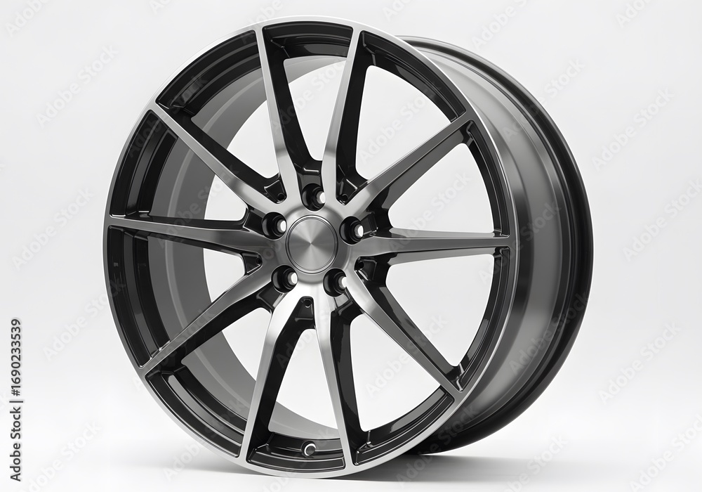 Fototapeta premium Sleek modern alloy wheel with intricate spoke design, perfect for automotive customization and performance upgrades.