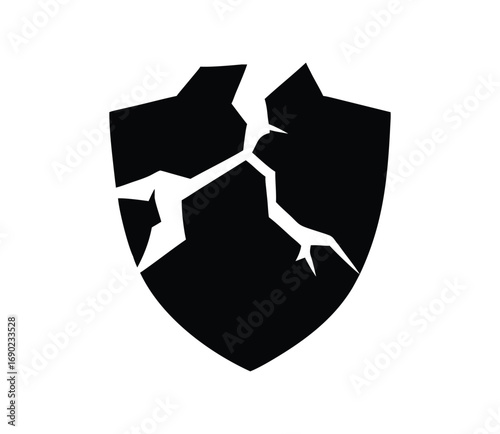 Black broken shield graphic representing vulnerability loss of protection and security failure concept