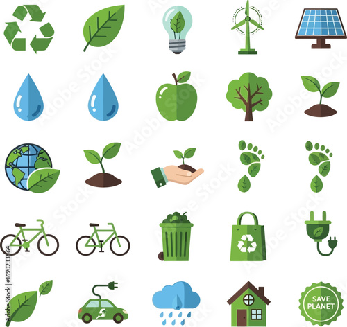Flat icons representing environmental protection, sustainable living, green energy, and ecological awareness. Graphics for promoting nature conservation and a healthier planet