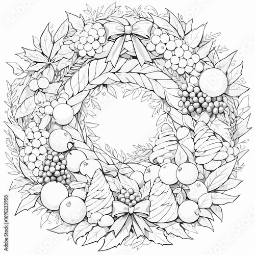Beautiful decorative wreath coloring page for kids, festive design, holiday theme, nature-inspired
