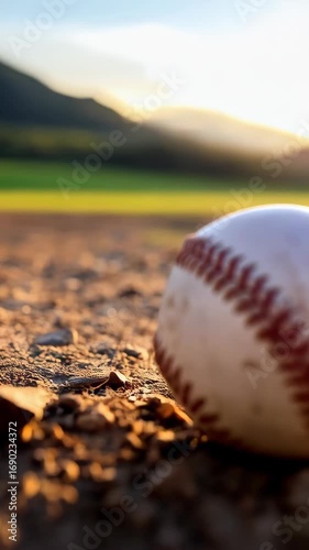 Close-up captures a baseball on a dirt field with blurred landscape background during sunset, showcasing a classic sporting scene.