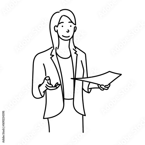 線画で描かれた書類を手に持って説明する女性ビジネスパーソンのベクターイラスト｜会議やプレゼン資料の発表シーンに適したモノクロのシンプルな人物素材