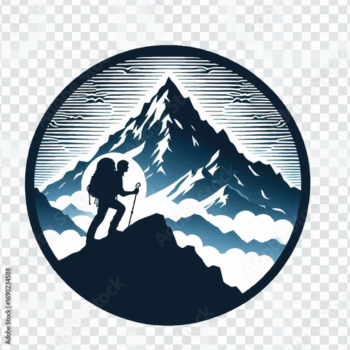 Silhouette of a hiker climbing a mountain peak with a backpack and walking stick.