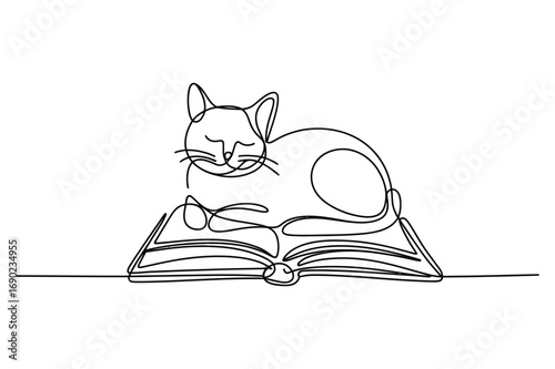 Continuous line drawing of cat sleeping on book symbolizing relaxation comfort pet love and cozy lifestyle illustration
