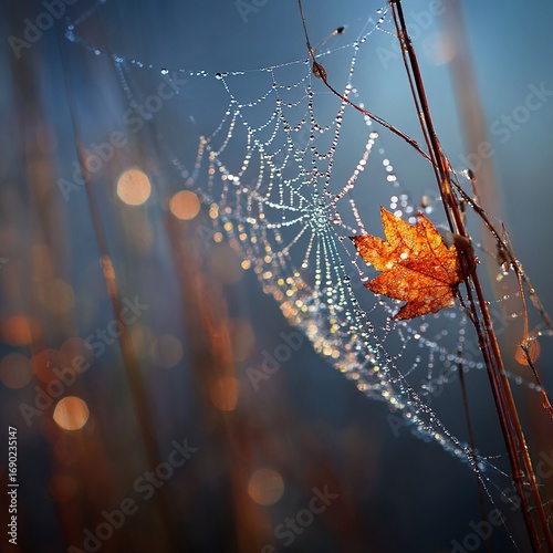 Macro photograph of dewy spiderweb between two grass blades adorned with tiny water droplets and single tiny autumn leaf against blurred background. Intricate, delicate.