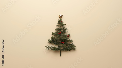 Minimalist Christmas tree with pine branches, red berries, and star on top against beige background