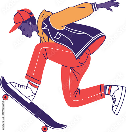 Flat Color Skateboarder In Streetwear Doing Ollie Vector