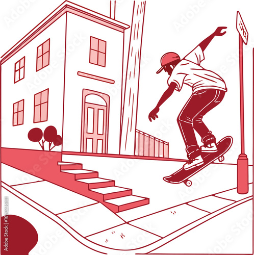 Flat Color Skateboarder Urban Street Scene Vector