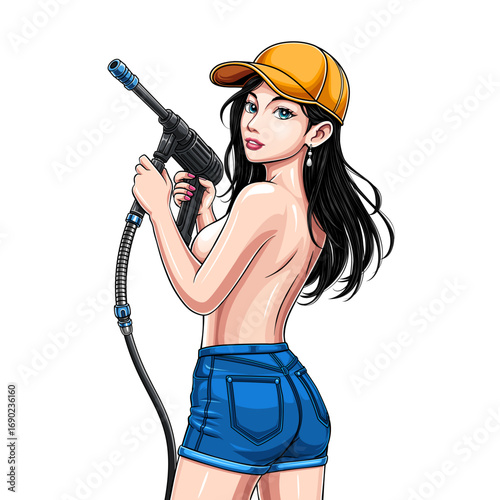 girl character a car washer holding a water gun