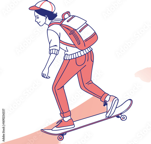 Flat Color Skateboarder With Backpack Skating Vector