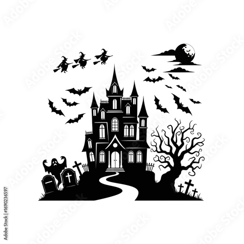Spooky halloween castle scene with witches and bats