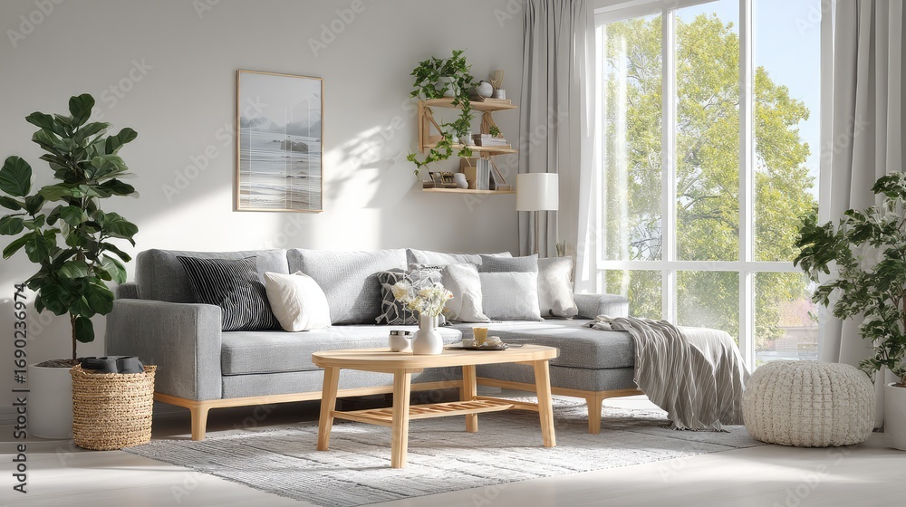 Obraz premium A contemporary living room with a minimalist gray sofa and clean, spacious design.