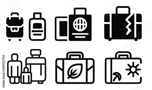 Collection of travel icons representing luggage suitcases passports and bags for journeys