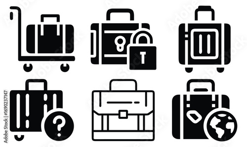Collection of travel luggage and bag icons representing travel and security options