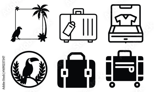 Tropical vacation icons toucan bird and luggage for travel and holidays