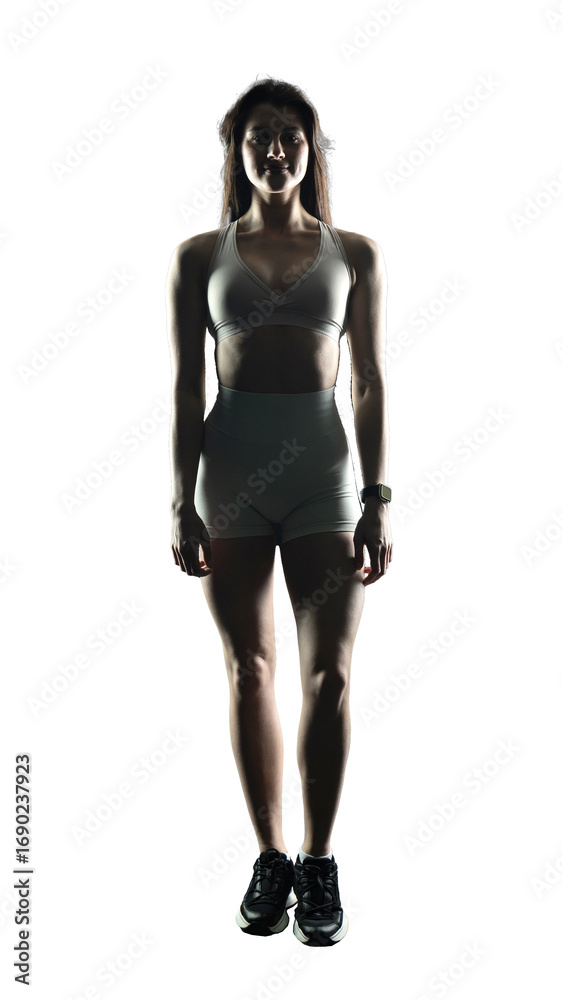 Fototapeta premium Young beautiful woman with athletic body on a transparent background. Fitness girl