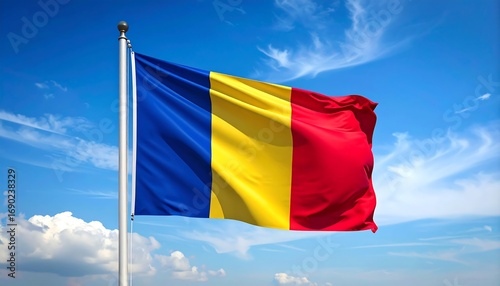 Romanian flag waving in a clear blue sky