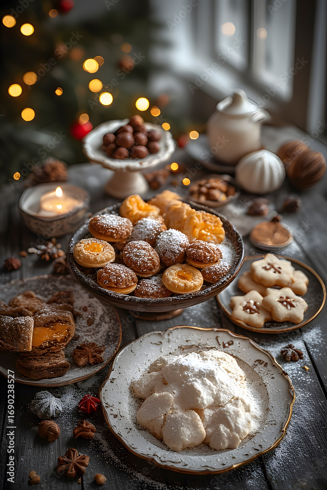 Fototapeta premium ia generated. Holiday dessert table with nougats, marzipan, and powdered sugar cookies, overhead shot