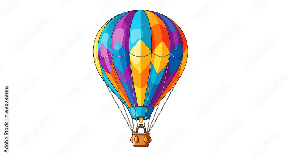 Fototapeta premium Colorful hot air balloon cartoon vector illustration, vibrant striped design with basket, isolated on White Background