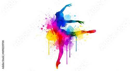 Watercolor ballet dancer silhouette in vibrant rainbow colors with paint splatters, expressive dance pose illustration, isolated on White Background