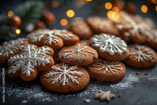 ia generated. Close-up of gingerbread cookies decorated with white icing, festive blurred background, macro details
