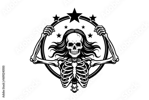 Vector art of skeleton with long flowing hair and arms raised