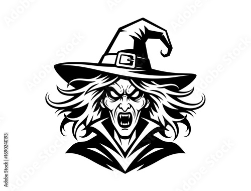 Vector art of scary witch with a pointed hat and wild hair