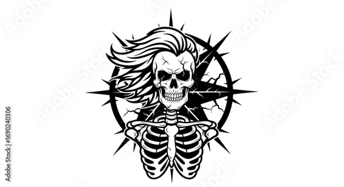 Vector art of skeleton with flowing hair and compass