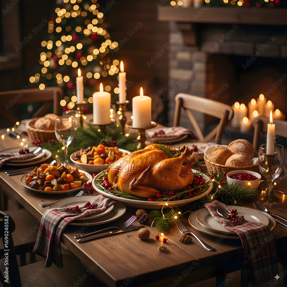 Obraz premium ia generated. Holiday dining table with roasted golden turkey, candles, crystal glasses, and elegant decorations, stock photo style,