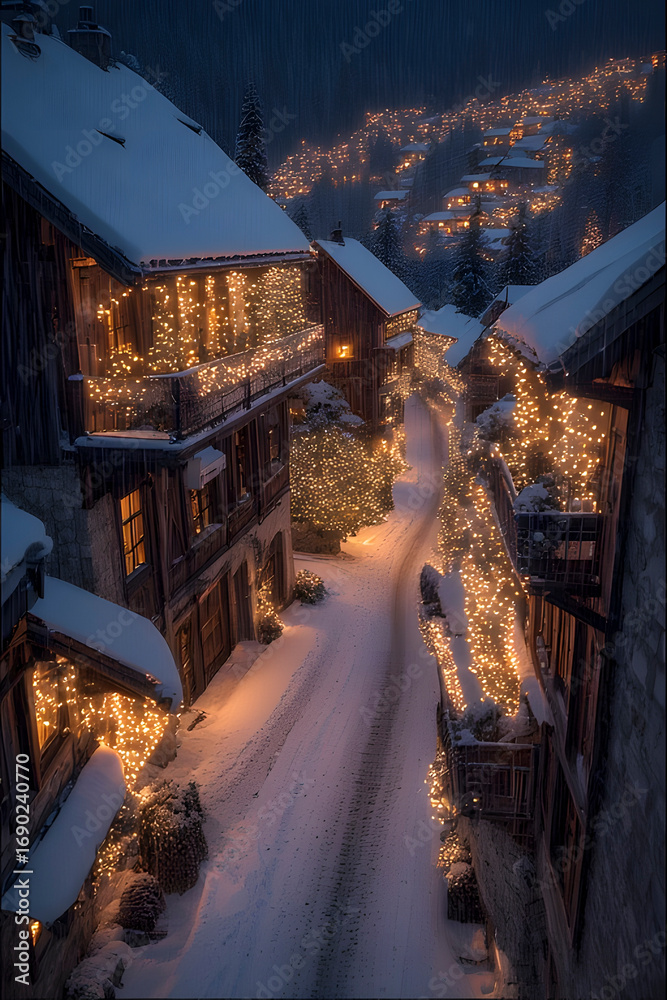 Obraz premium ia generated. Alpine village decorated with Christmas lights, snow on rooftops, dusk blue hour, ultra-detailed 