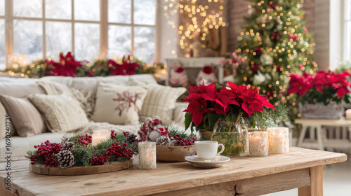 Cozy living room decorated for Christmas with beautifully lit tree, poinsettias, and festive wreaths on wooden table. Soft lighting and candles create warm, inviting atmosphere