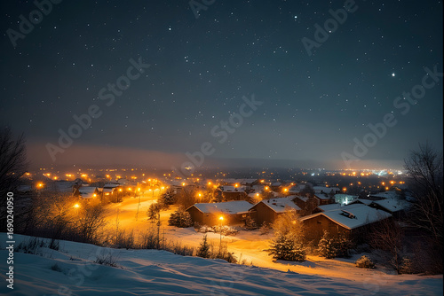 ia generated. Starry night sky above a snowy town glowing with warm streetlights, cinematic atmosphere