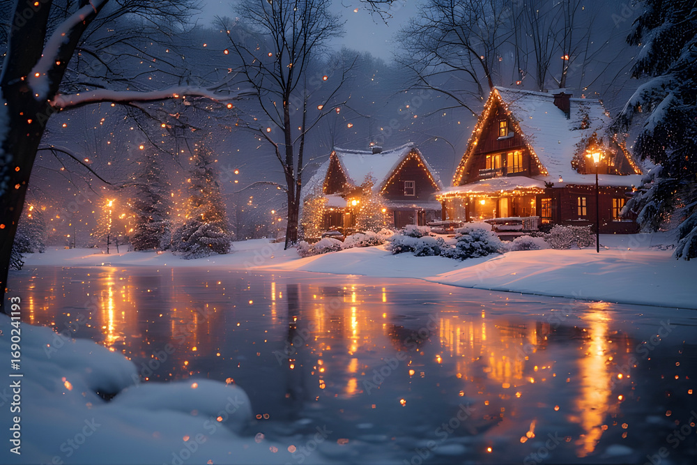 Fototapeta premium ia generated. Frozen lake reflecting Christmas lights from nearby houses, photorealistic winter landscape 