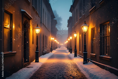 ia generated. Narrow cobblestone street covered in snow, old-fashioned lampposts glowing warmly, romantic atmosphere

