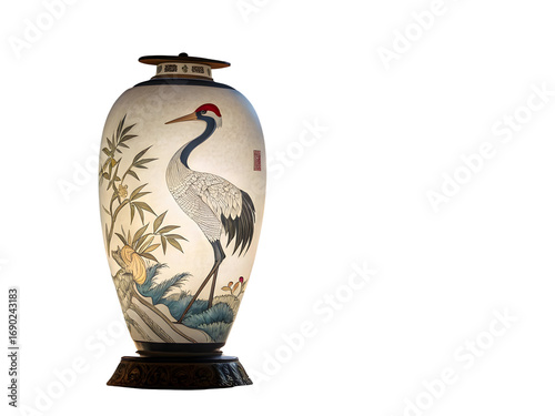 Illuminated porcelain vase with crane and bamboo design on black background ceramic oriental
