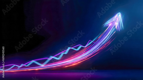 Vibrant glowing neon arrow with colorful light trails curving upward symbolizing growth success and positive progress on a dark background in dynamic motion