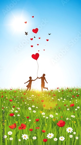 Romantic couple in a field of flowers, holding hands