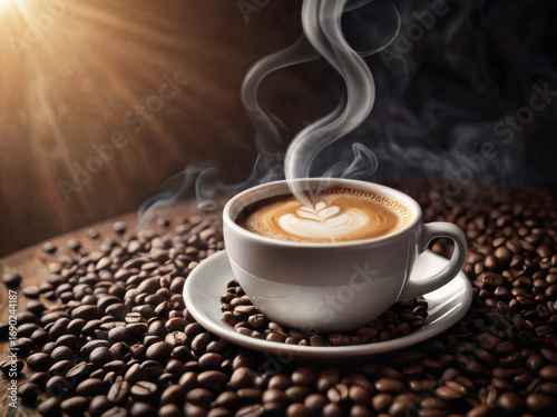 Aromatic Coffee Cup with Steaming Latte Art Surrounded by Coffee Beans in Warm Light