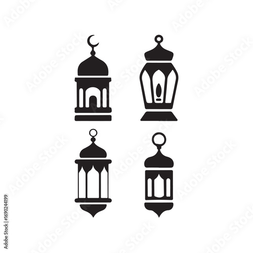 Simple Black and White Islamic Symbols of Mosques and Lanterns.This image features four stylized silhouettes of Islamic religious symbols, including two small mosque-like structures and two hanging la