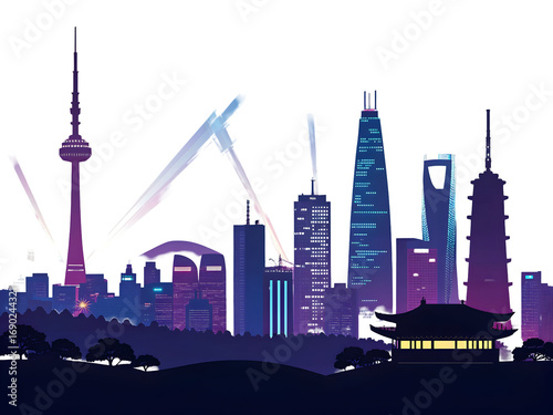 Neon Seoul cityscape silhouette with spotlights and traditional building night