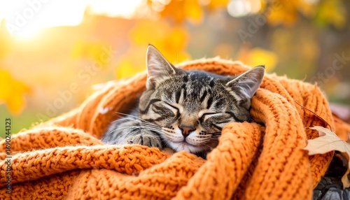 Sleepy tabby cat in orange knitted blanket, autumn leaves