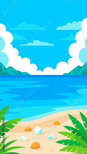 Beach scene with clouds and palm trees