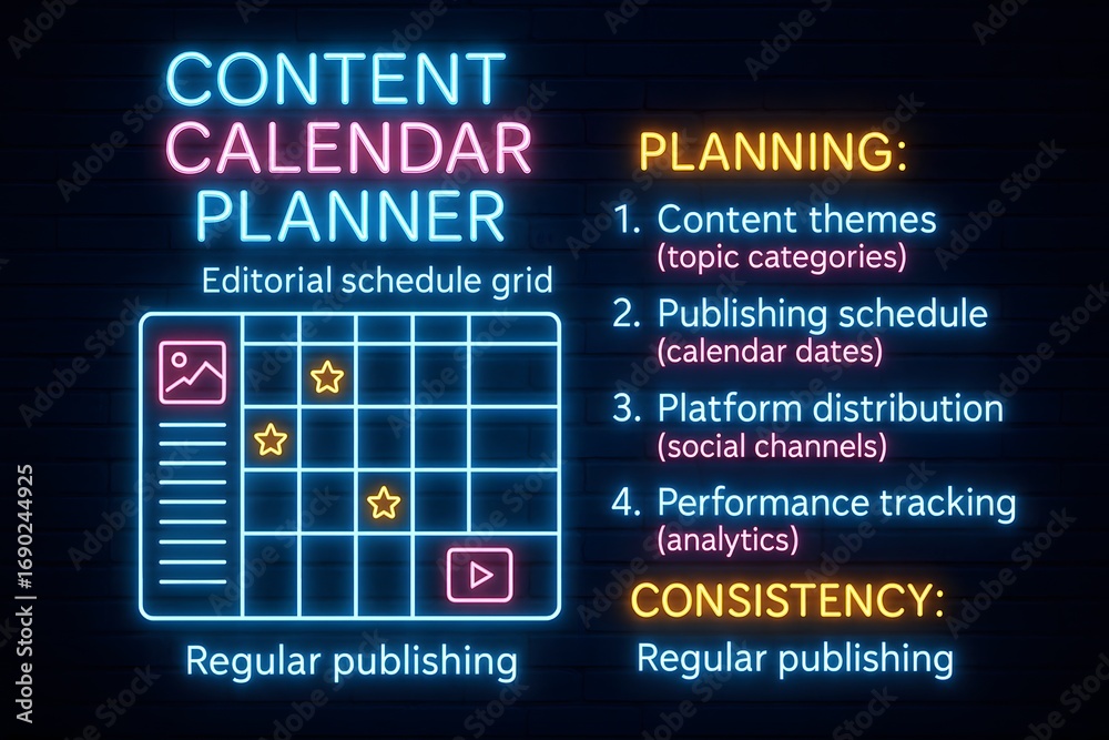 Obraz premium Content Planning Infographic with Glowing Editorial Calendar for Social Media Strategy