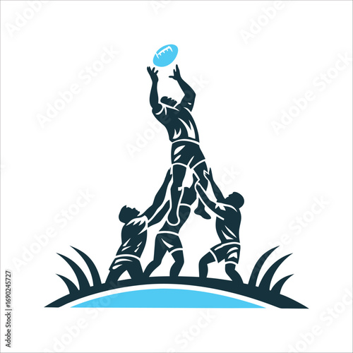 Rugby Lineout Vector Illustration, Player Catching Ball Lineout Jump Player lifted in the air catching the ball