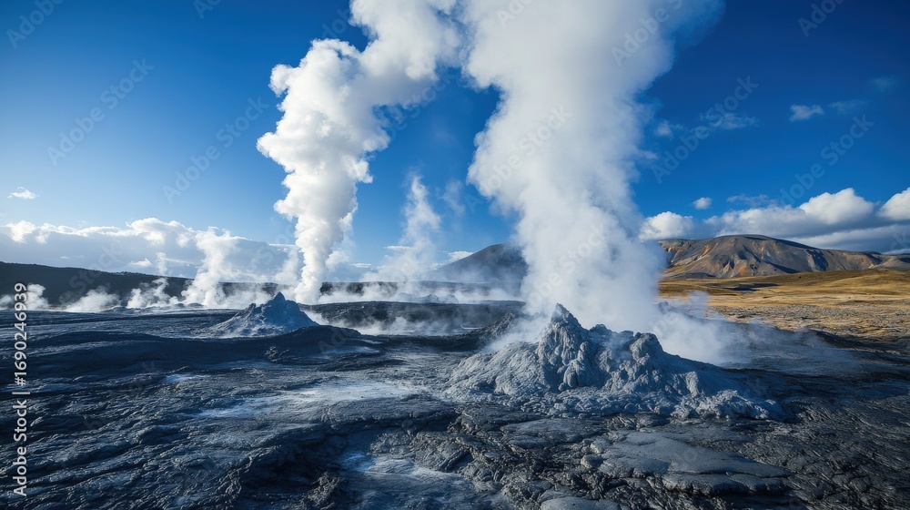 Obraz premium Steam rises from geothermal vents in a volcanic landscape.