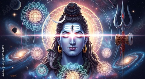 Cosmic Hindu Deity Illustration with Bright Light Aura and Space Background